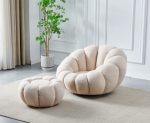 Fauteuil Pivotant Cozy avec Pouf en Laine Bouclée Blanc Cassé / Taupe – Image 4