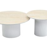 Table Basse MINA Pied Blanc Plateau Céramique / Bois Blanc Travertin Mat 60x45cm + 80x38cm