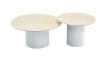 Table Basse MINA Pied Blanc Plateau Céramique / Bois Blanc Travertin Mat 60x45cm + 80x38cm