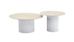 Table Basse MINA Pied Blanc Plateau Céramique / Bois Blanc Travertin Mat 60x45cm + 80x38cm – Image 5