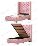 Lit Coffre Enfant Clouté Rose - Velours Capitonné 90x190cm