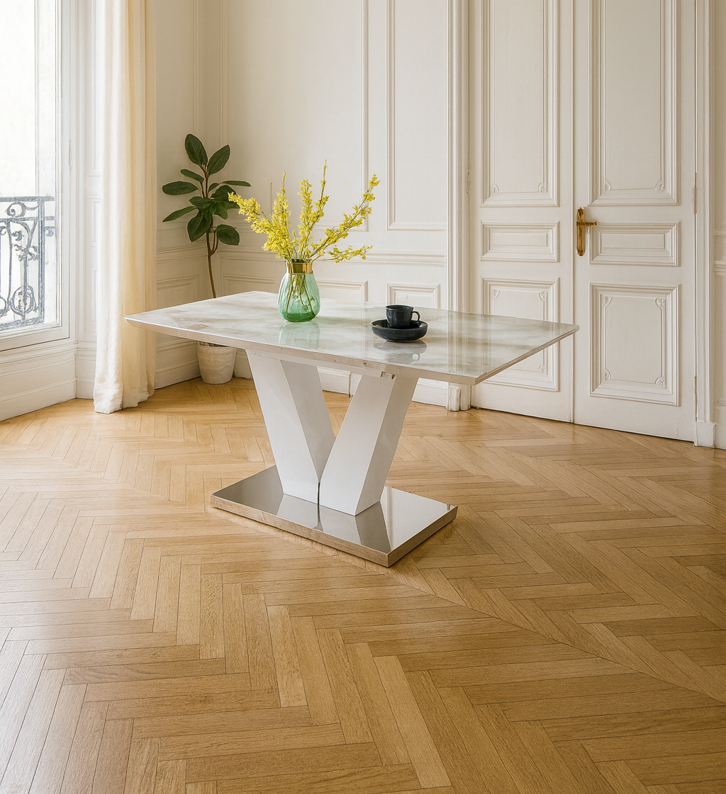 IMG_4731 TABLE A RALLONGE V EFFET MARBRE BEIGE – Image 1