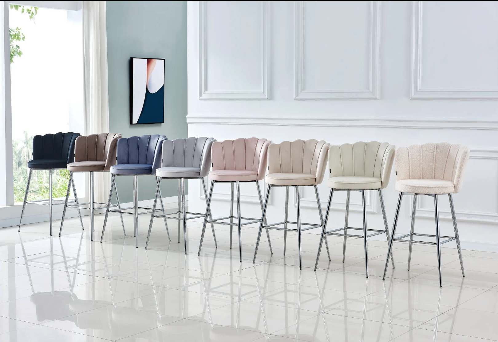 IMG_4824 TABOURET DE BAR NYMPHEA CHROME VELOURS SILVER HAUTEUR 65cm – Image 1